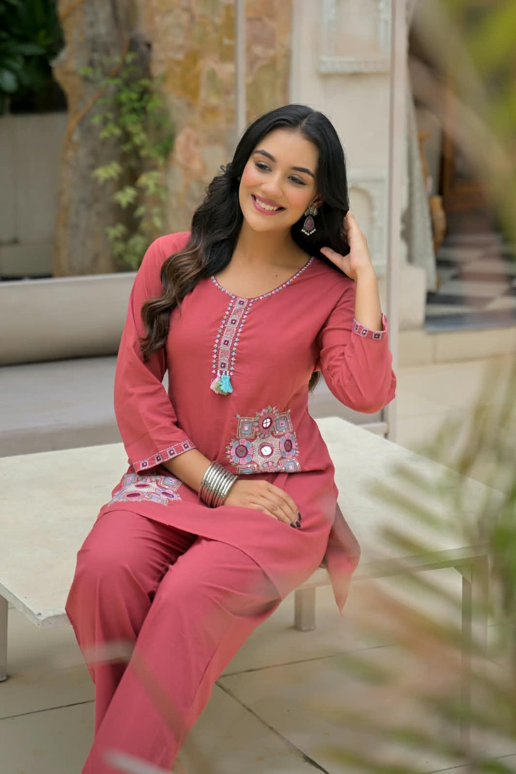 Coral Pink Embroidered Co-ord Set with Pant