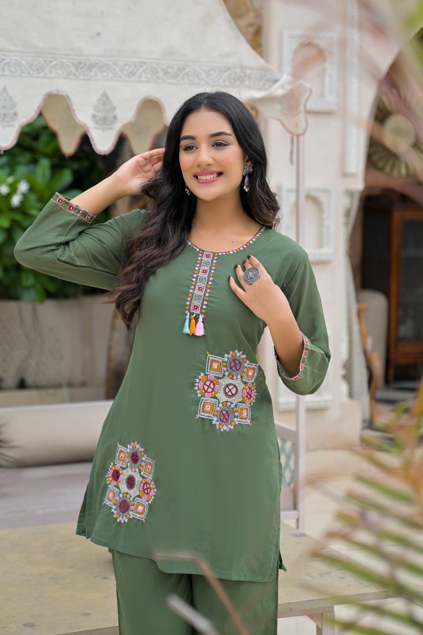 Olive Green Embroidered Co-ord Set with Pant