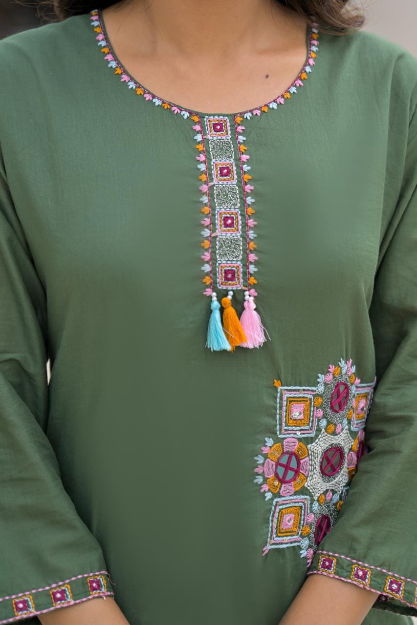 Olive Green Embroidered Co-ord Set with Pant