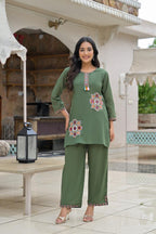Olive Green Embroidered Co-ord Set with Pant