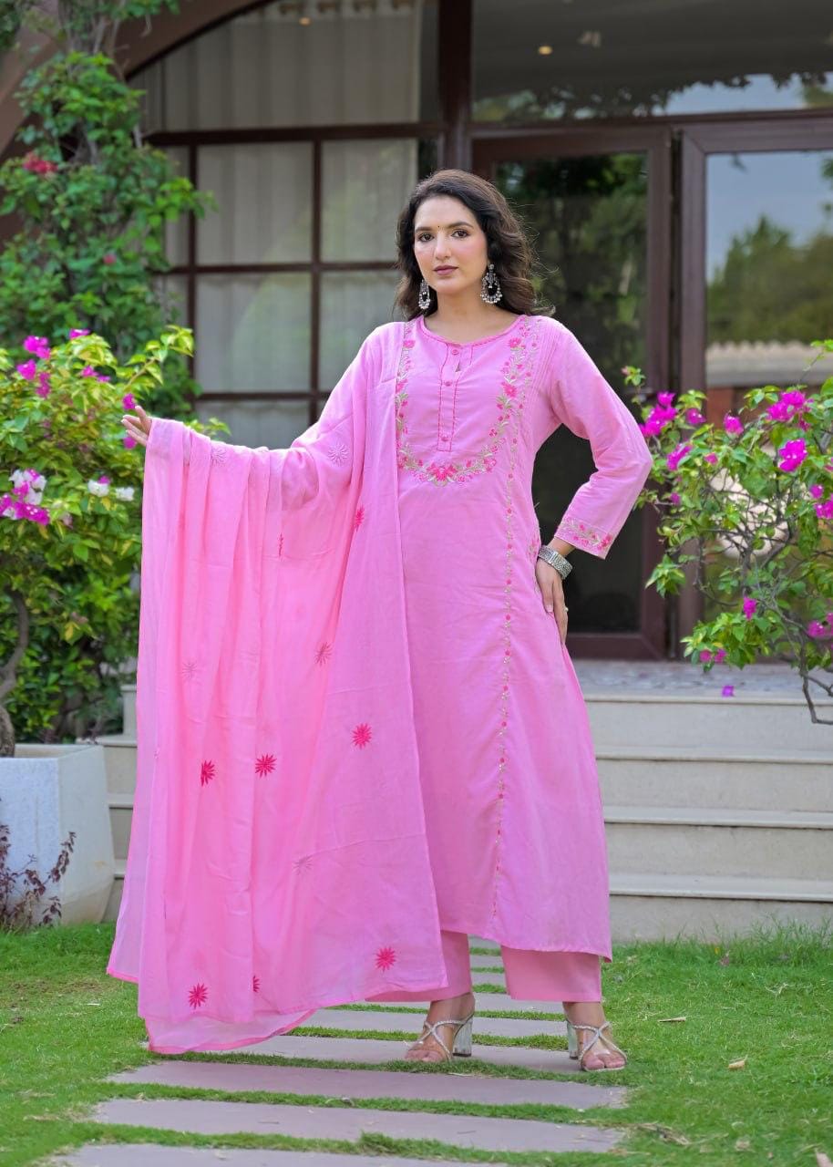 Pink Embroidered Straight Kurta Set with Pant & Dupatta