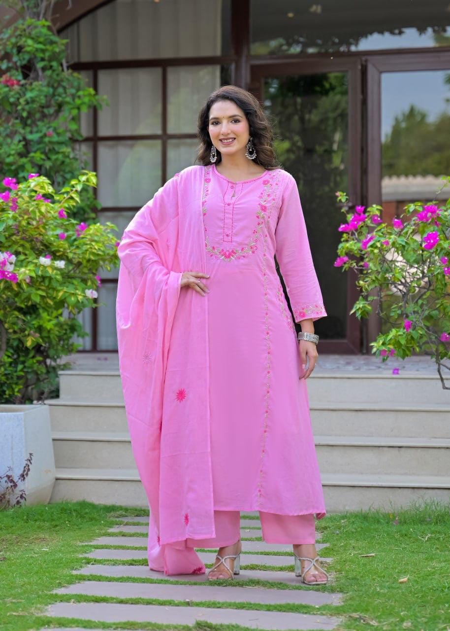 Pink Embroidered Straight Kurta Set with Pant & Dupatta