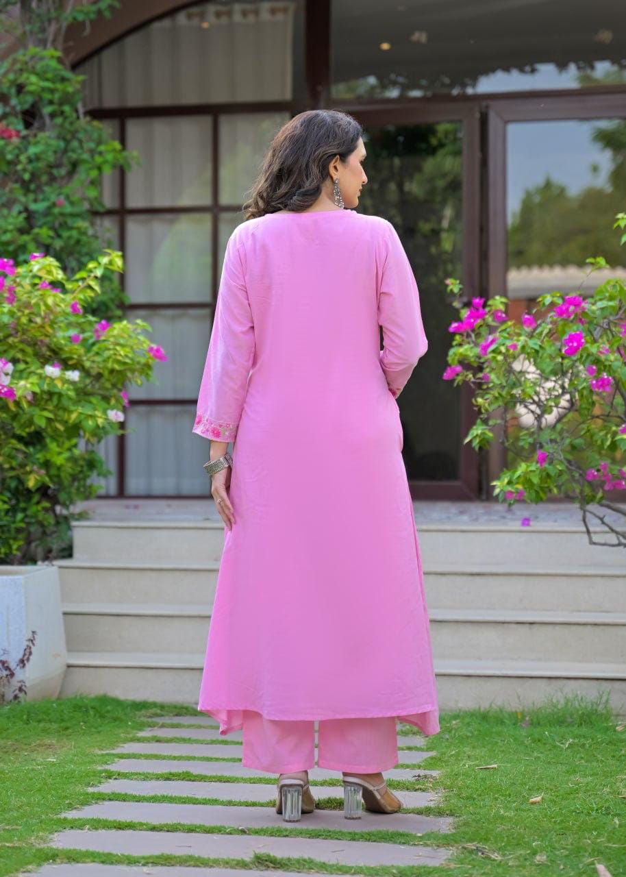 Pink Embroidered Straight Kurta Set with Pant & Dupatta