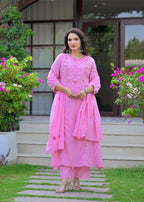 Pink Embroidered Straight Kurta Set with Pant & Dupatta