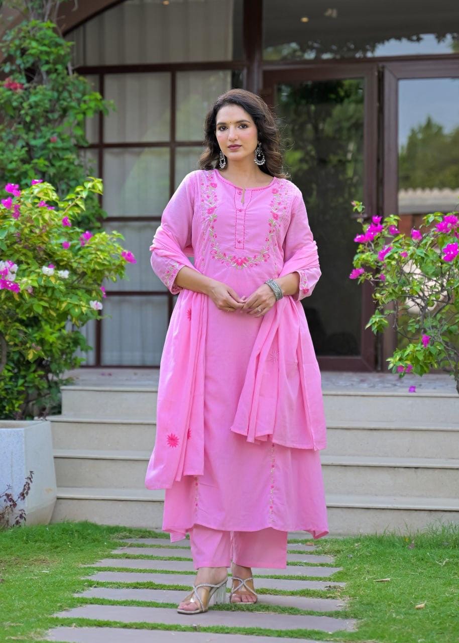 Embroidered Straight Kurta Set with Pant & Dupatta