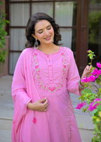 Pink Embroidered Straight Kurta Set with Pant & Dupatta