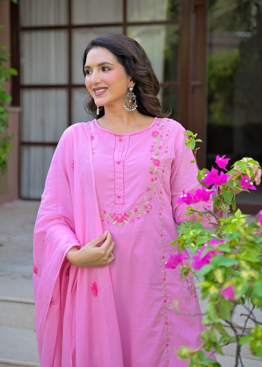 Embroidered Straight Kurta Set with Pant & Dupatta