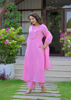 Pink Embroidered Straight Kurta Set with Pant & Dupatta