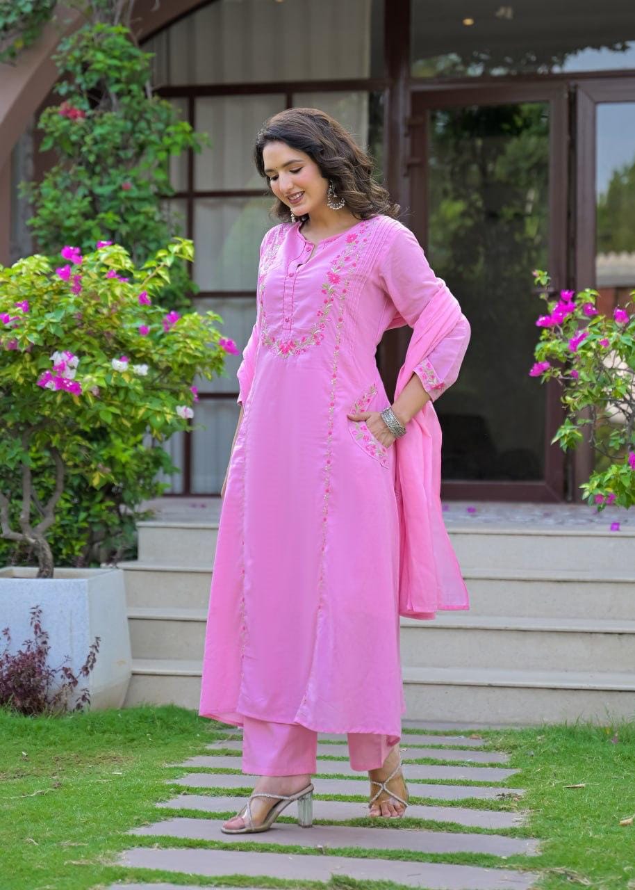 Embroidered Straight Kurta Set with Pant & Dupatta
