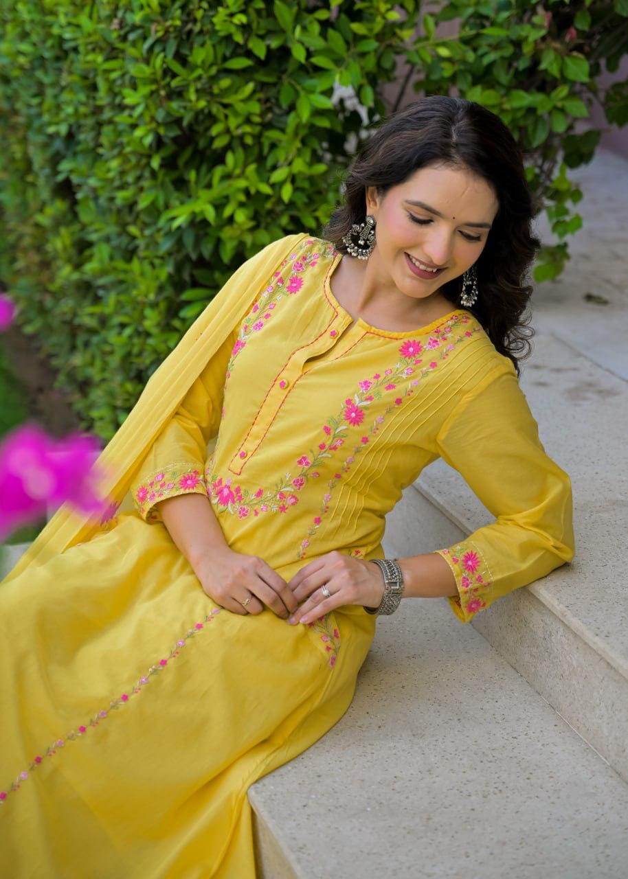 Embroidered Straight Kurta Set with Pant & Dupatta