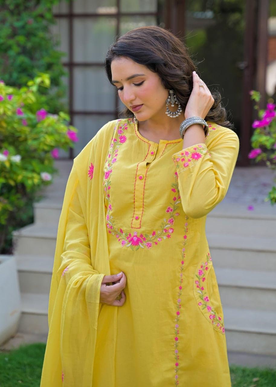 Embroidered Straight Kurta Set with Pant & Dupatta