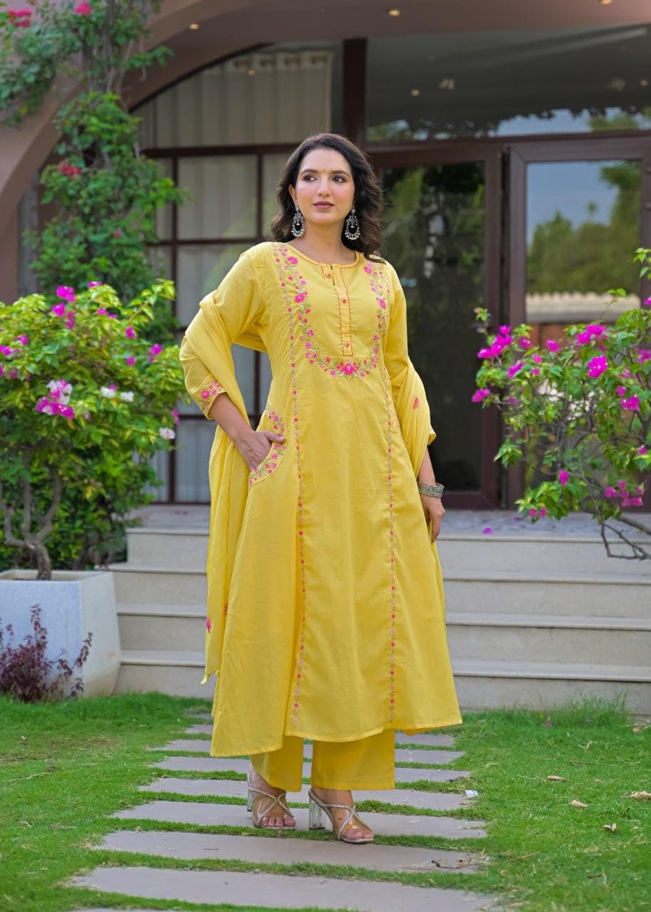 Embroidered Straight Kurta Set with Pant & Dupatta
