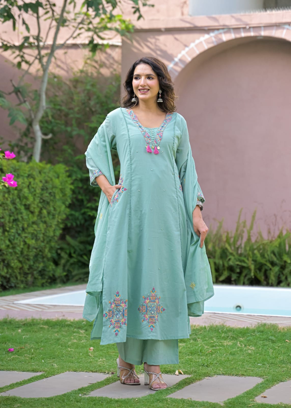 Embroidered Straight Kurta Set with Pant & Dupatta