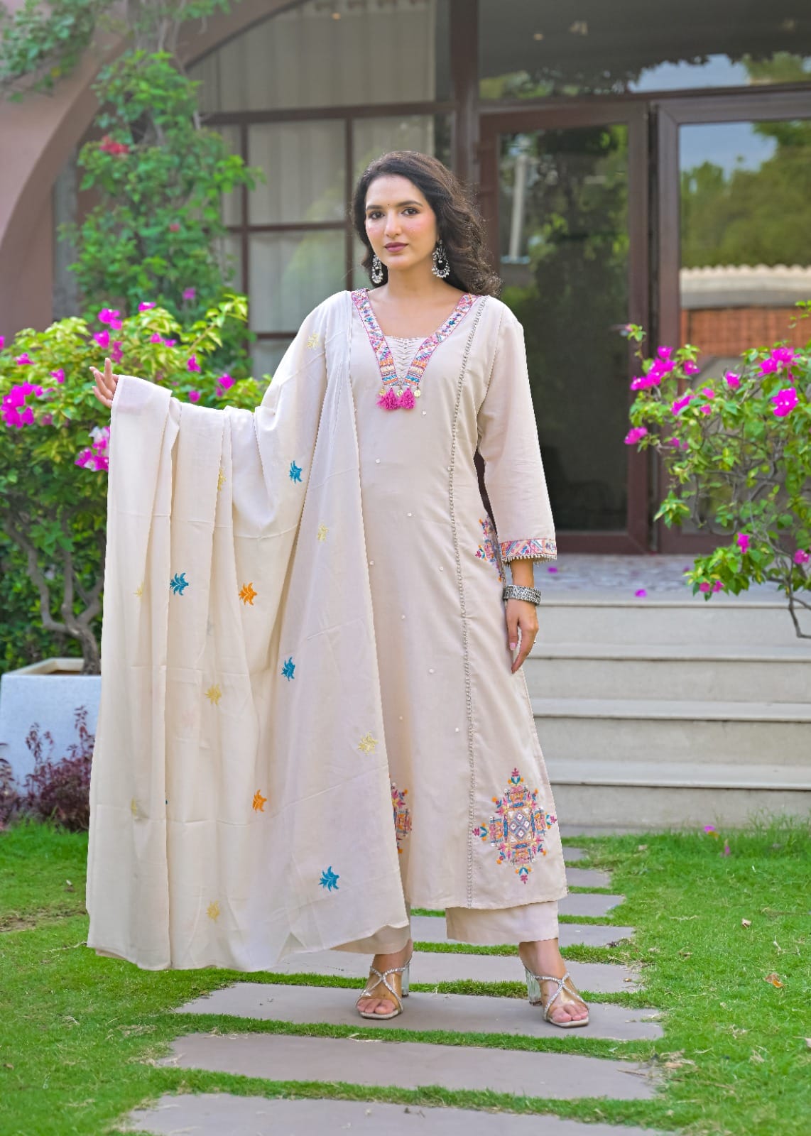 Ivory Embroidered Straight Kurta Set with Pant & Dupatta