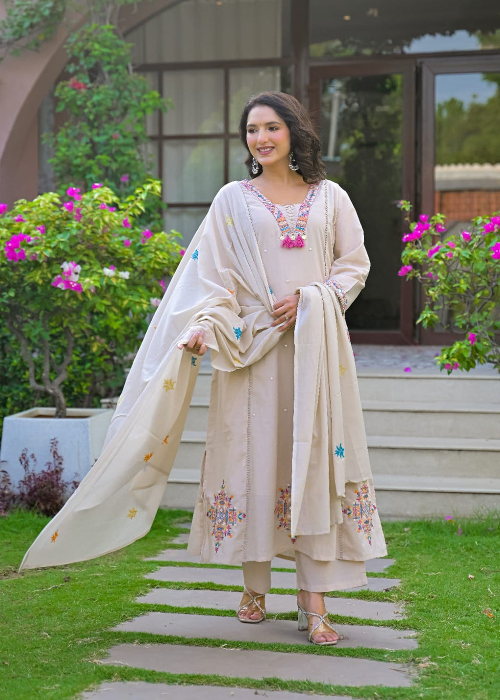 Ivory Embroidered Straight Kurta Set with Pant & Dupatta