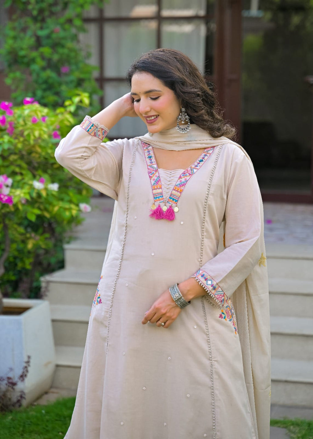 Ivory Embroidered Straight Kurta Set with Pant & Dupatta