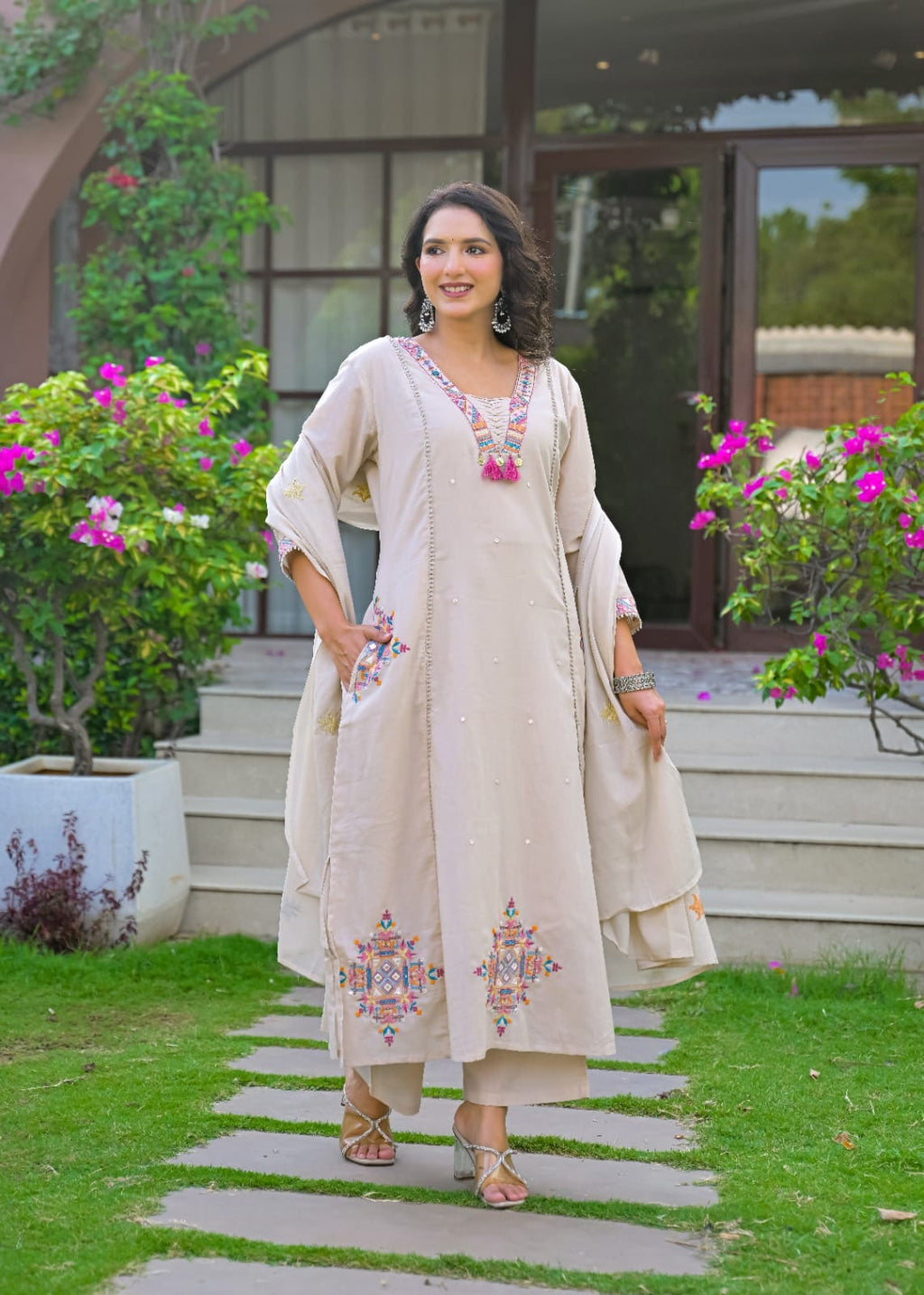 Embroidered Straight Kurta Set with Pant & Dupatta
