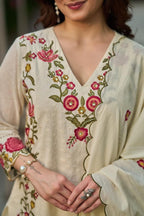 Ivory Floral Embroidered Straight Kurta Set with Pant & Dupatta