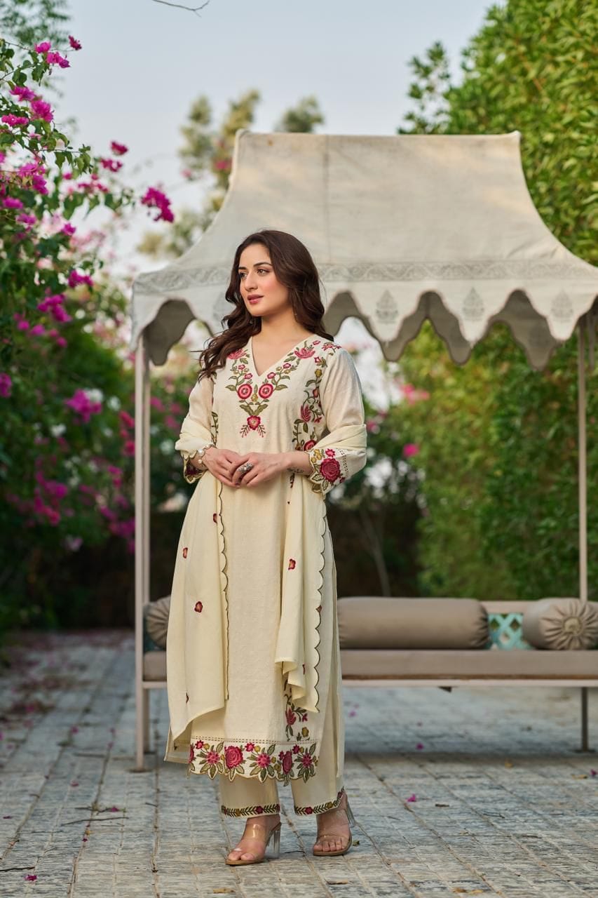Ivory Floral Embroidered Straight Kurta Set with Pant & Dupatta