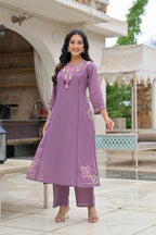 Purple Embroidered Straight Kurta Set with Pant & Dupatta