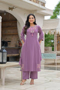 Purple Embroidered Straight Kurta Set with Pant & Dupatta