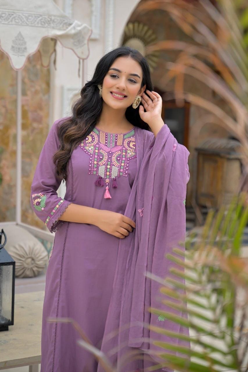 Purple Embroidered Straight Kurta Set with Pant & Dupatta