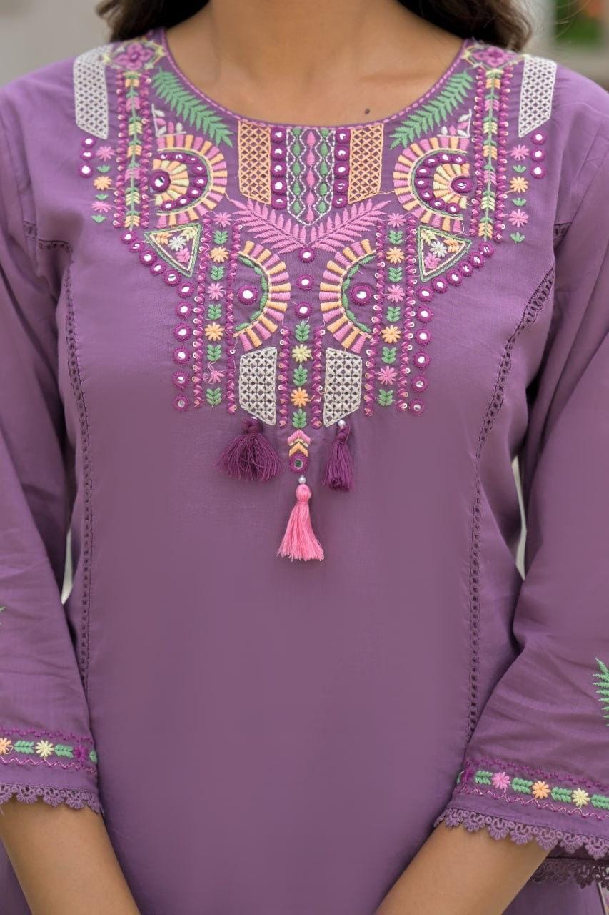 Purple Embroidered Straight Kurta Set with Pant & Dupatta