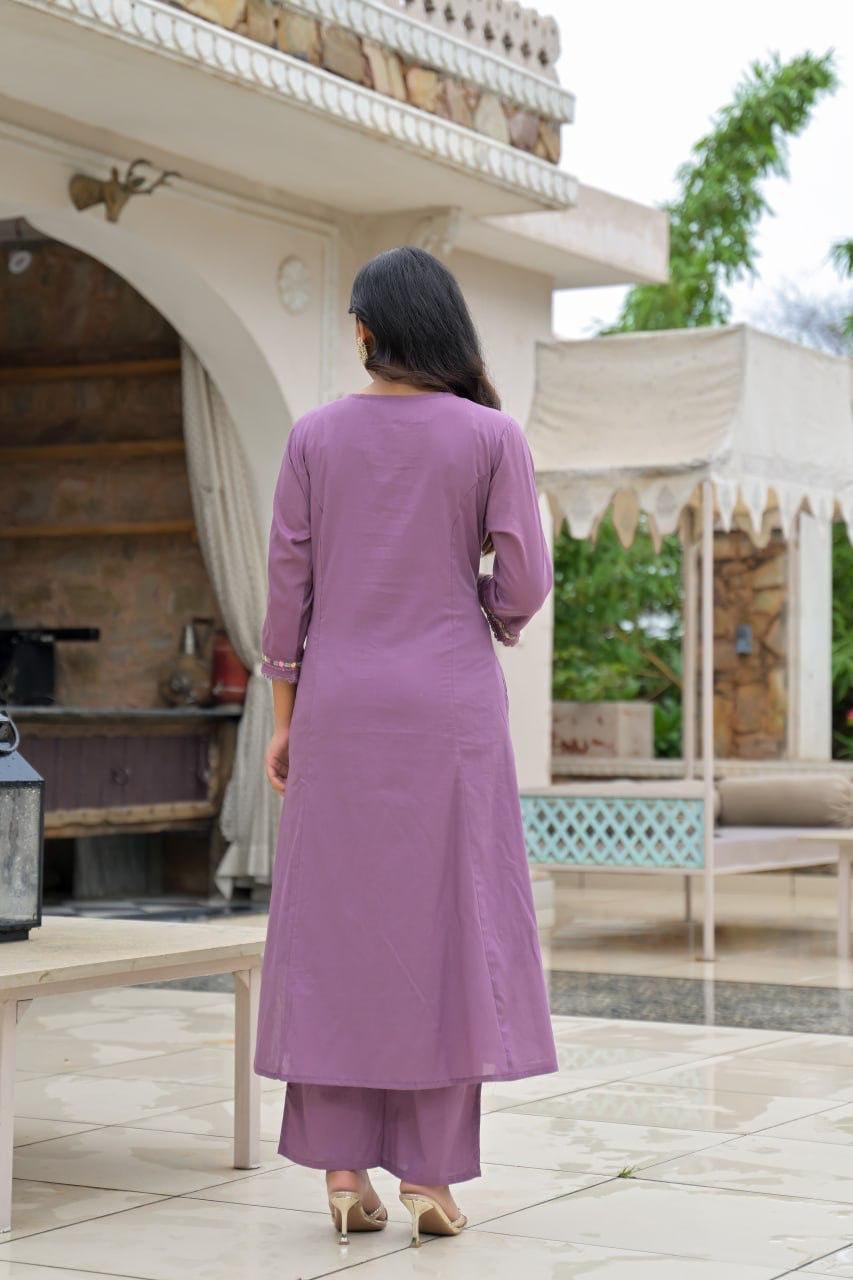 Purple Embroidered Straight Kurta Set with Pant & Dupatta