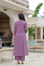Purple Embroidered Straight Kurta Set with Pant & Dupatta