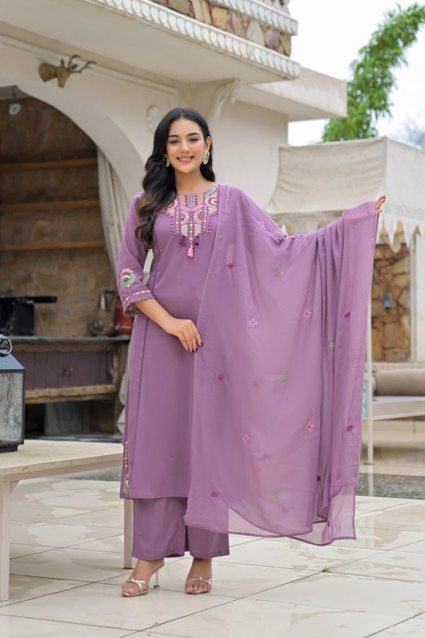 Purple Embroidered Straight Kurta Set with Pant & Dupatta