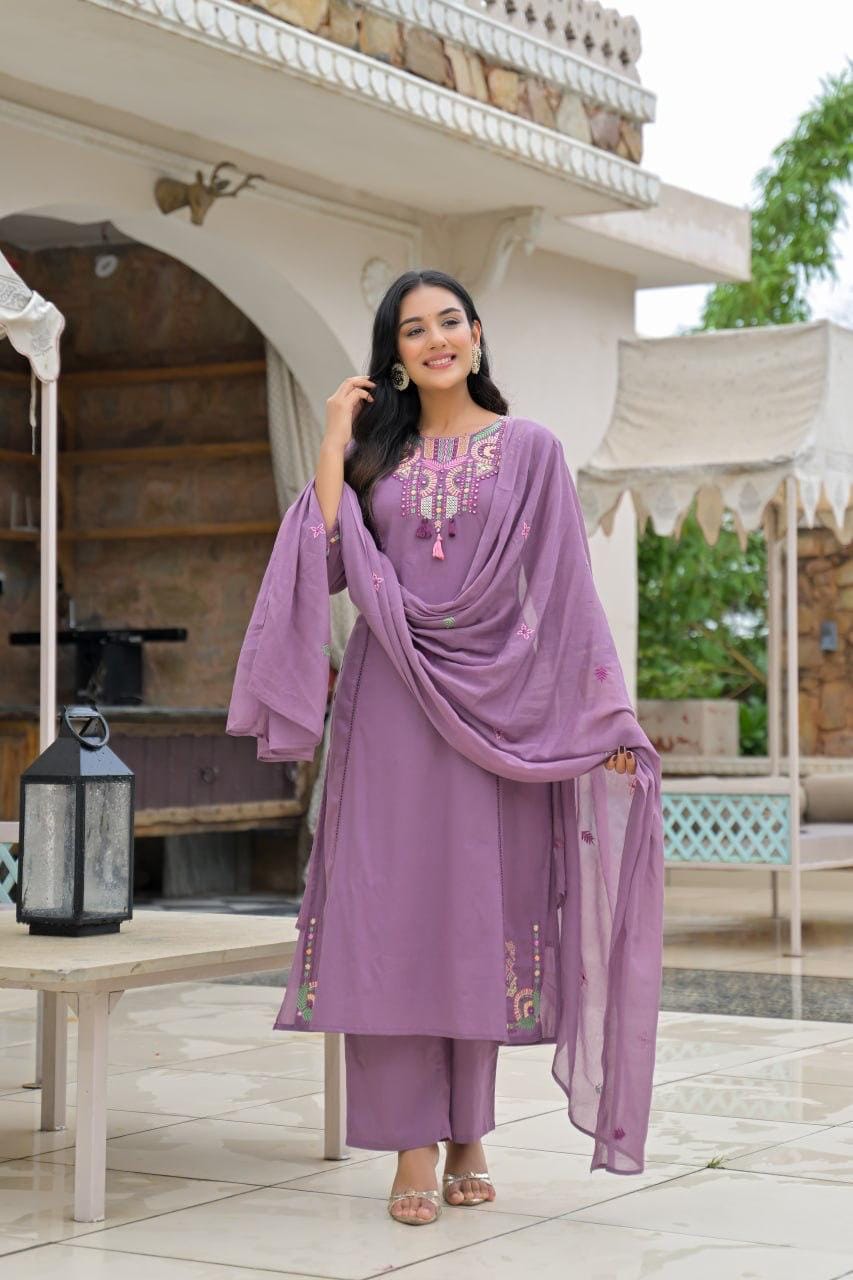 Purple Embroidered Straight Kurta Set with Pant & Dupatta