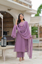 Purple Embroidered Straight Kurta Set with Pant & Dupatta