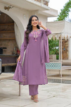 Purple Embroidered Straight Kurta Set with Pant & Dupatta