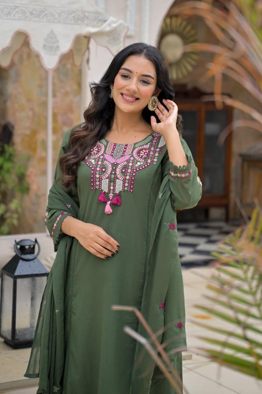 Olive Green Embroidered Straight Kurta Set with Pant & Dupatta