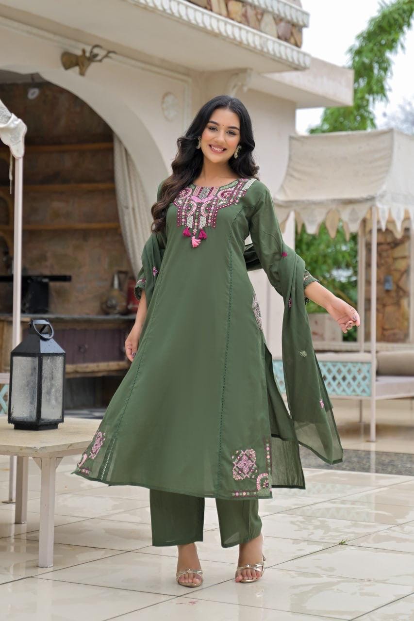Olive Green Embroidered Straight Kurta Set with Pant & Dupatta