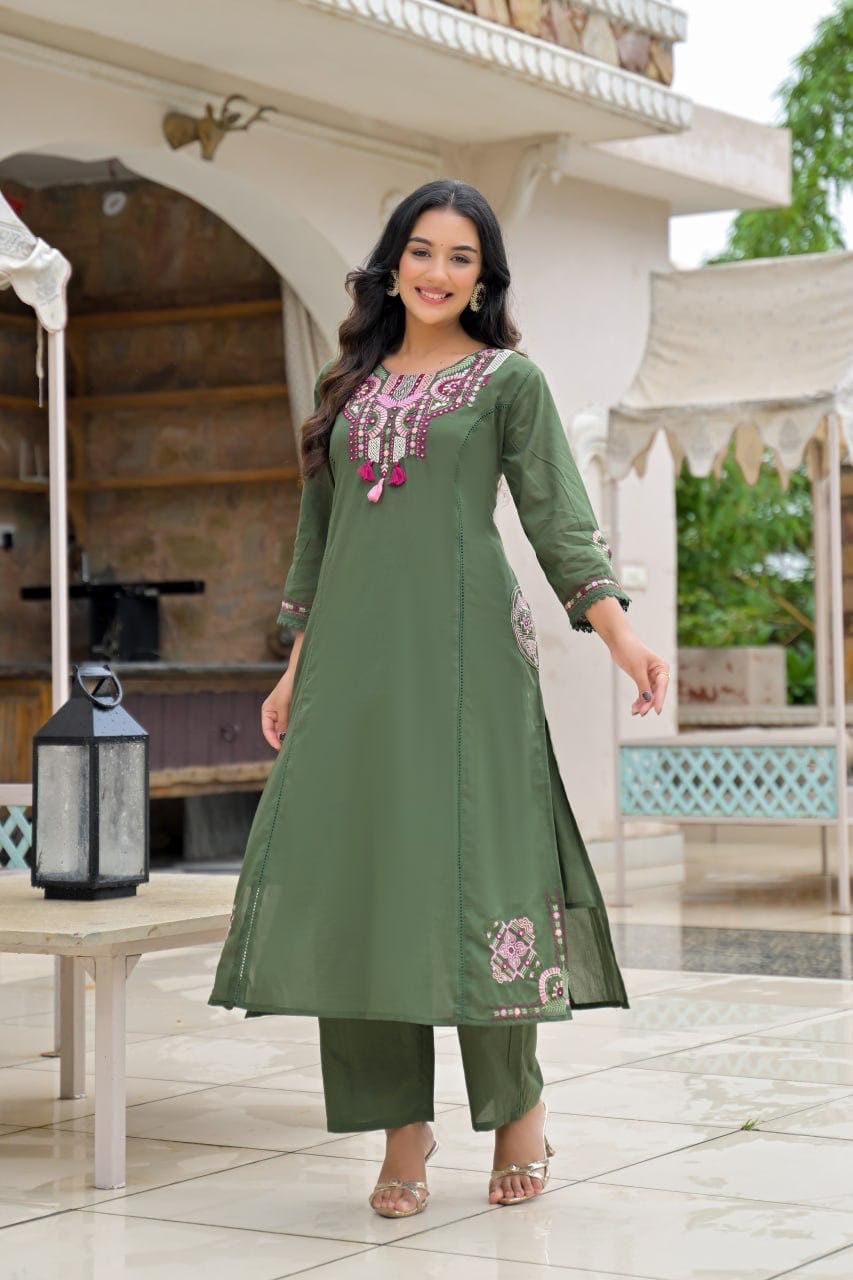 Olive Green Embroidered Straight Kurta Set with Pant & Dupatta