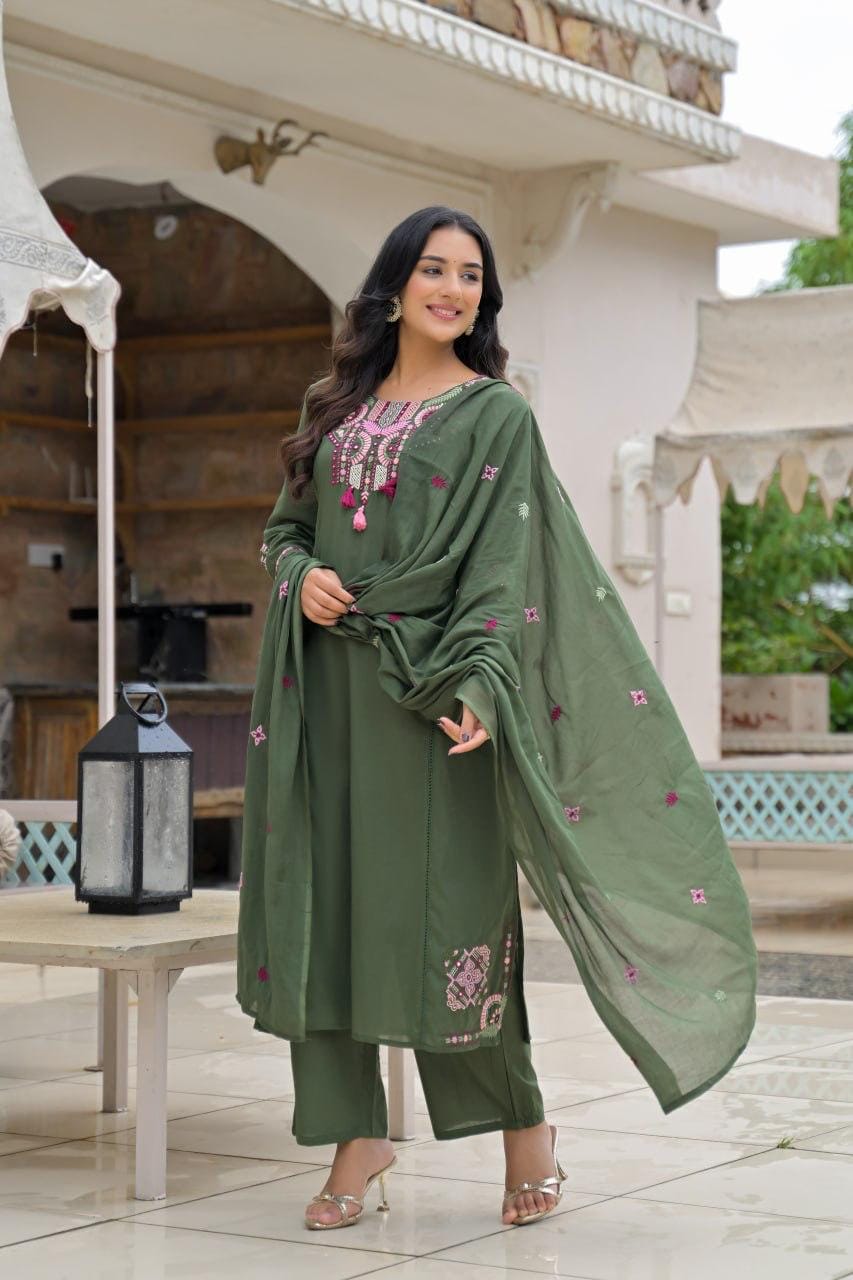 Olive Green Embroidered Straight Kurta Set with Pant & Dupatta