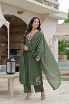 Olive Green Embroidered Straight Kurta Set with Pant & Dupatta