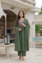 Olive Green Embroidered Straight Kurta Set with Pant & Dupatta