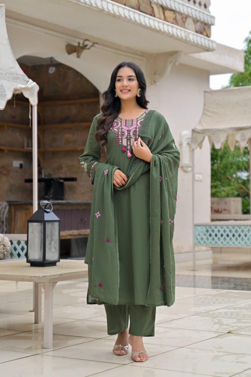 Olive Green Embroidered Straight Kurta Set with Pant & Dupatta