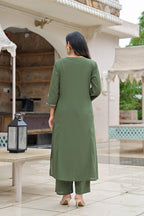 Olive Green Embroidered Straight Kurta Set with Pant & Dupatta