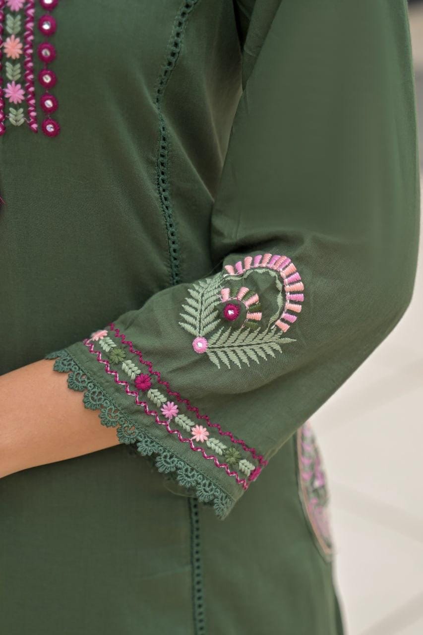 Olive Green Embroidered Straight Kurta Set with Pant & Dupatta