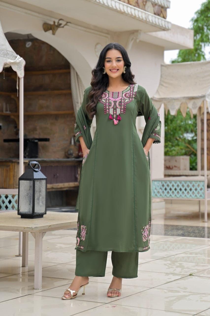 Olive Green Embroidered Straight Kurta Set with Pant & Dupatta