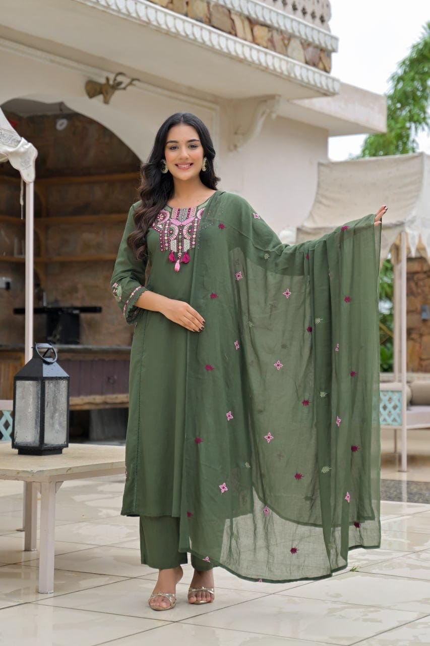 Olive Green Embroidered Straight Kurta Set with Pant & Dupatta