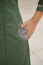 Olive Green Embroidered Straight Kurta Set with Pant & Dupatta