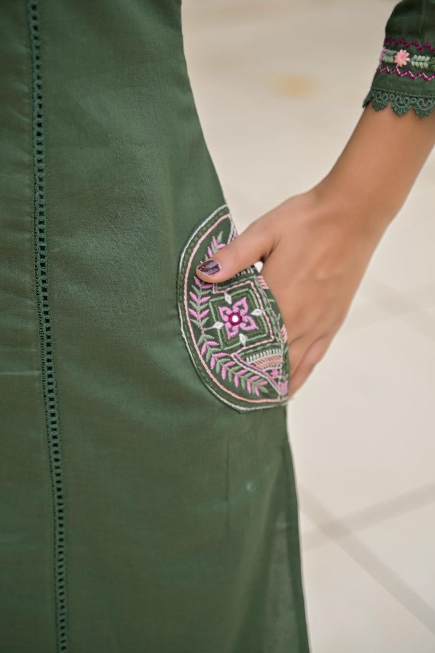 Olive Green Embroidered Straight Kurta Set with Pant & Dupatta