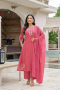 Rose Pink Embroidered Straight Kurta Set with Pant & Dupatta