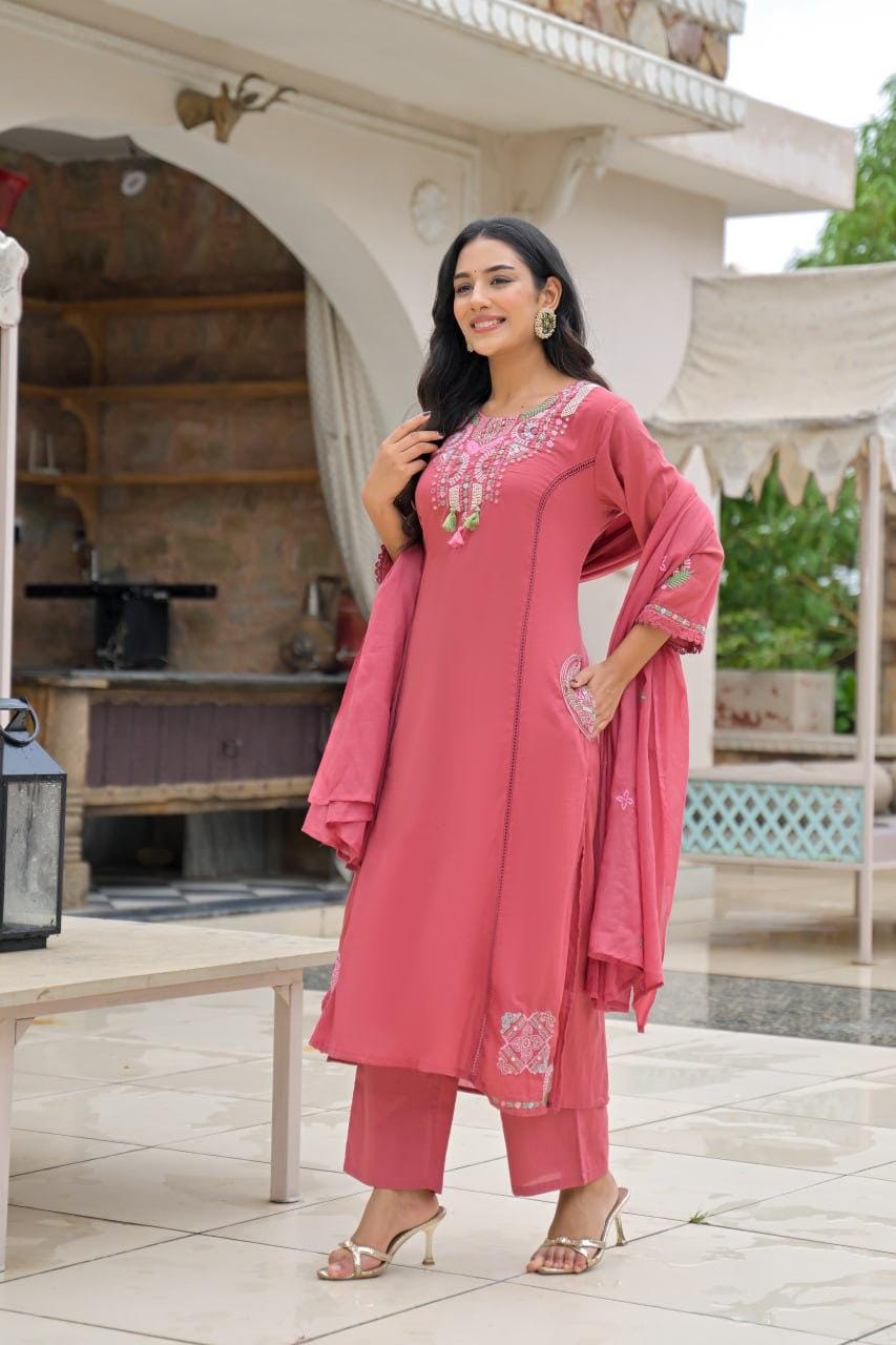 Rose Pink Embroidered Straight Kurta Set with Pant & Dupatta