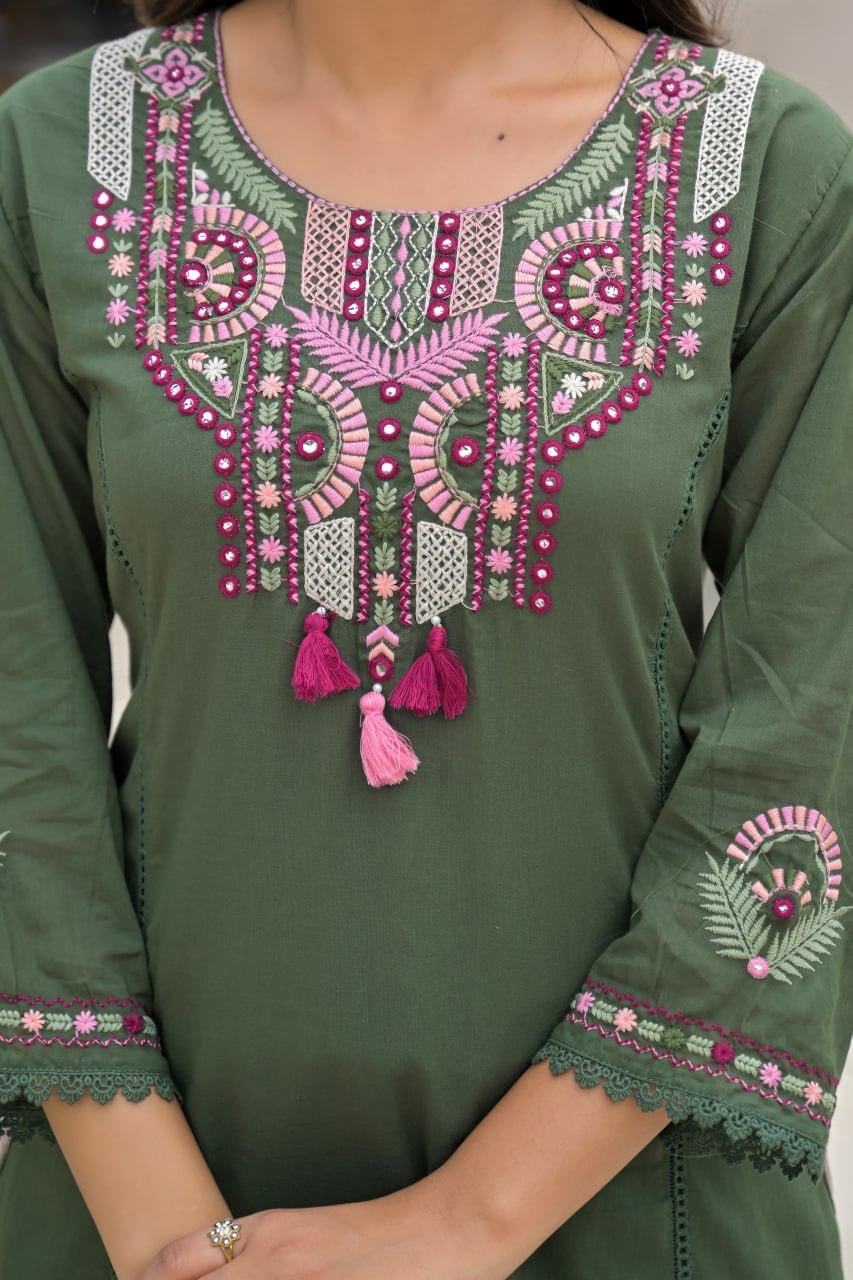Olive Green Embroidered Straight Kurta Set with Pant & Dupatta
