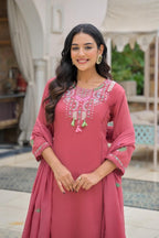 Rose Pink Embroidered Straight Kurta Set with Pant & Dupatta